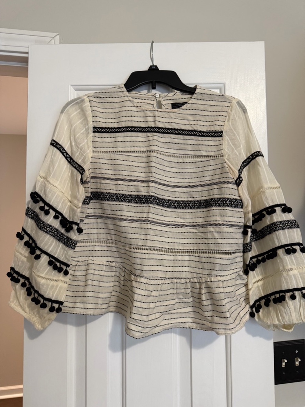 Zara Cream and Black Pom-Pom Trim Peplum Blouse